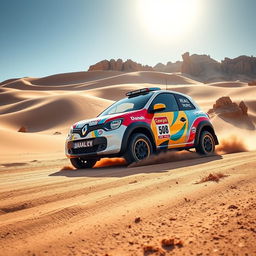 A lively and exhilarating scene featuring a Renault Twingo 1, customized for the Dakar rally, speeding across an expansive and challenging terrain