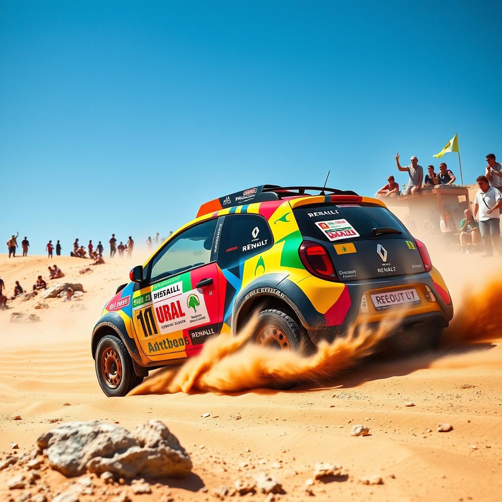 A lively and adventurous scene featuring a Renault Twingo 1, adorned with colorful Dakar rally stickers and modifications, navigating through an exciting desert landscape