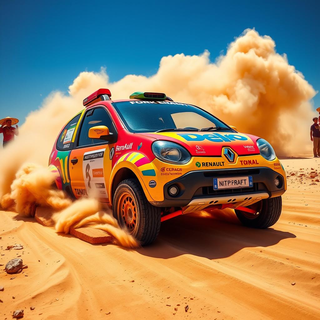 A lively and adventurous scene featuring a Renault Twingo 1, adorned with colorful Dakar rally stickers and modifications, navigating through an exciting desert landscape