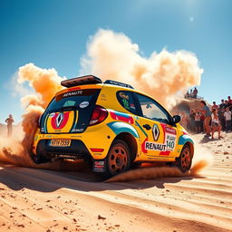 A lively and adventurous scene featuring a Renault Twingo 1, adorned with colorful Dakar rally stickers and modifications, navigating through an exciting desert landscape