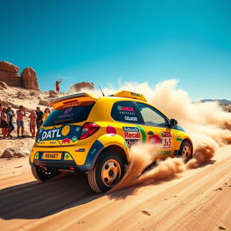 A lively and adventurous scene featuring a Renault Twingo 1, adorned with colorful Dakar rally stickers and modifications, navigating through an exciting desert landscape