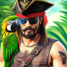 A realistic portrait of the user dressed in traditional pirate attire, complete with a pirate hat, an eye patch, and a parrot resting on their shoulder