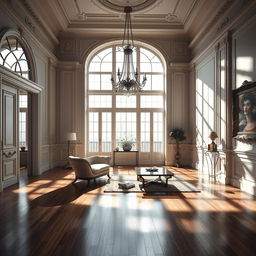 An elegant interior architectural scene showcasing intricate shadows cast by sophisticated design elements