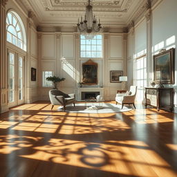 An elegant interior architectural scene showcasing intricate shadows cast by sophisticated design elements