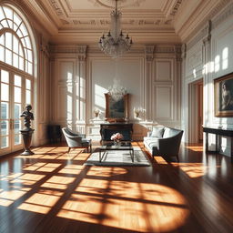 An elegant interior architectural scene showcasing intricate shadows cast by sophisticated design elements