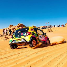 A lively and spirited scene featuring a Renault Twingo 1, decked out with colorful Dakar rally decals, racing through a vibrant desert landscape