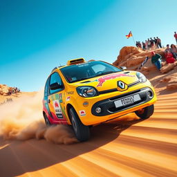 A lively and spirited scene featuring a Renault Twingo 1, decked out with colorful Dakar rally decals, racing through a vibrant desert landscape