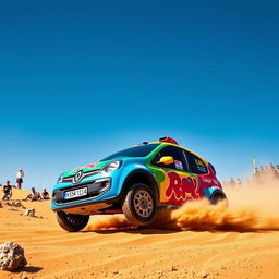 A lively and spirited scene featuring a Renault Twingo 1, decked out with colorful Dakar rally decals, racing through a vibrant desert landscape