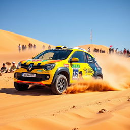 A lively and spirited scene featuring a Renault Twingo 1, decked out with colorful Dakar rally decals, racing through a vibrant desert landscape