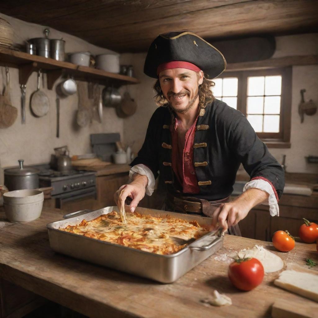 An engaging scene of the user, dressed as a pirate, joyfully cooking lasagna in the rustic kitchen of a pirate ship