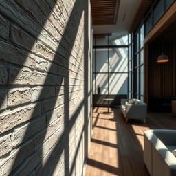 A close-up perspective of modern interior architecture showcasing intricate textures and elegant shadows