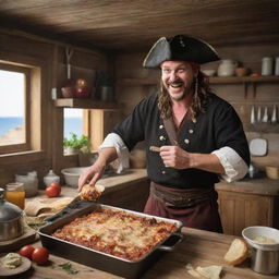 An engaging scene of the user, dressed as a pirate, joyfully cooking lasagna in the rustic kitchen of a pirate ship