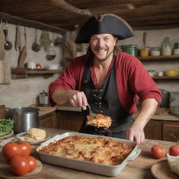 An engaging scene of the user, dressed as a pirate, joyfully cooking lasagna in the rustic kitchen of a pirate ship