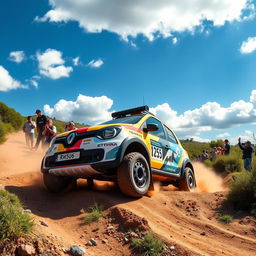 An exciting adventure scene depicting a Renault Twingo 1, transformed for an off-road raid event, zooming across a rugged and varied landscape