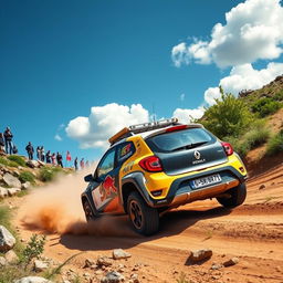 An exciting adventure scene depicting a Renault Twingo 1, transformed for an off-road raid event, zooming across a rugged and varied landscape