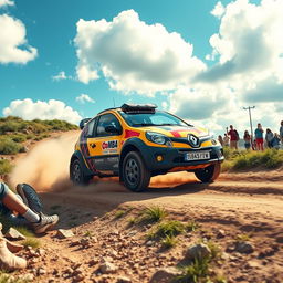 An exciting adventure scene depicting a Renault Twingo 1, transformed for an off-road raid event, zooming across a rugged and varied landscape