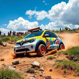 An exciting adventure scene depicting a Renault Twingo 1, transformed for an off-road raid event, zooming across a rugged and varied landscape