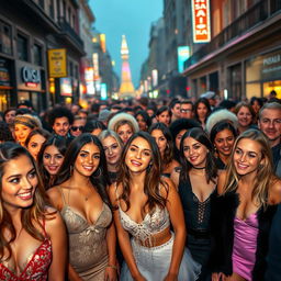 A vibrant scene depicting a lively crowd filled with diverse, attractive individuals from Russia, showcasing a mix of styles and fashion