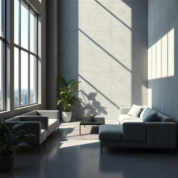 A modern interior design scene showcasing detailed shadows on concrete surfaces