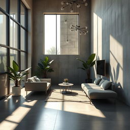 A modern interior design scene showcasing detailed shadows on concrete surfaces