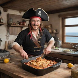 An engaging scene of the user, dressed as a pirate, joyfully cooking lasagna in the rustic kitchen of a pirate ship