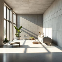 A modern interior design scene showcasing detailed shadows on concrete surfaces