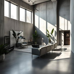 A modern interior design scene showcasing detailed shadows on concrete surfaces