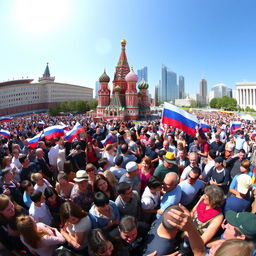 A panoramic view of a large, diverse crowd gathered in a public space in a prominent Russian city, showcasing a mix of ethnicities and people engaged in various activities