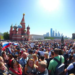 A panoramic view of a large, diverse crowd gathered in a public space in a prominent Russian city, showcasing a mix of ethnicities and people engaged in various activities