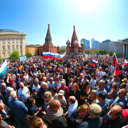 A panoramic view of a large, diverse crowd gathered in a public space in a prominent Russian city, showcasing a mix of ethnicities and people engaged in various activities