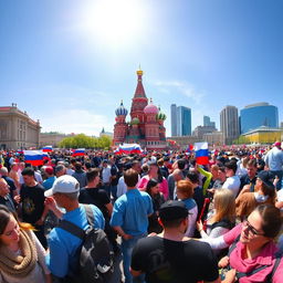 A panoramic view of a large, diverse crowd gathered in a public space in a prominent Russian city, showcasing a mix of ethnicities and people engaged in various activities