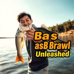 A dynamic photo featuring a young Asian fisherman with a pleasantly surprised expression as he celebrates catching a big bass