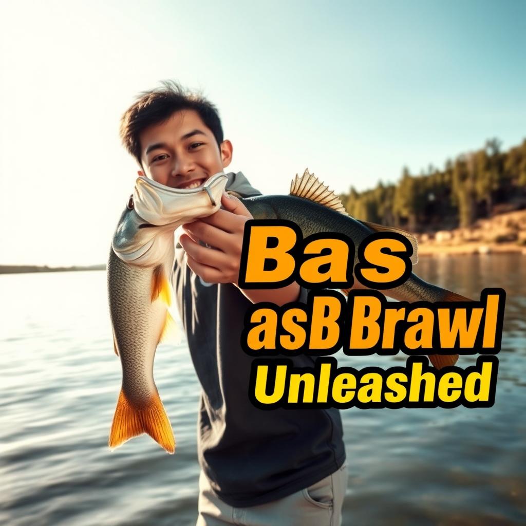 A dynamic photo featuring a young Asian fisherman with a pleasantly surprised expression as he celebrates catching a big bass