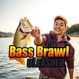 A dynamic photo featuring a young Asian fisherman with a pleasantly surprised expression as he celebrates catching a big bass