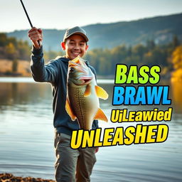 A dynamic photo featuring a young Asian fisherman with a pleasantly surprised expression as he celebrates catching a big bass