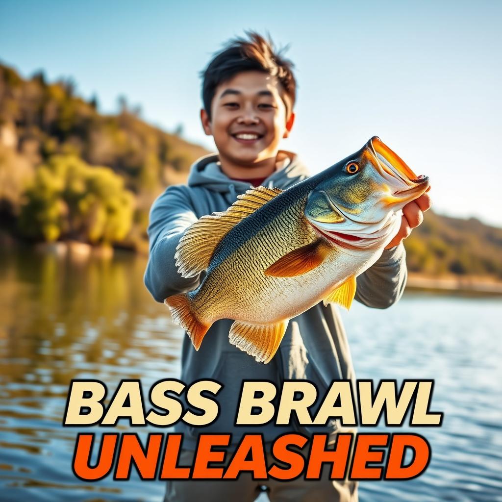 A dynamic photo featuring a young Asian fisherman with a pleasantly surprised expression as he celebrates catching a big bass