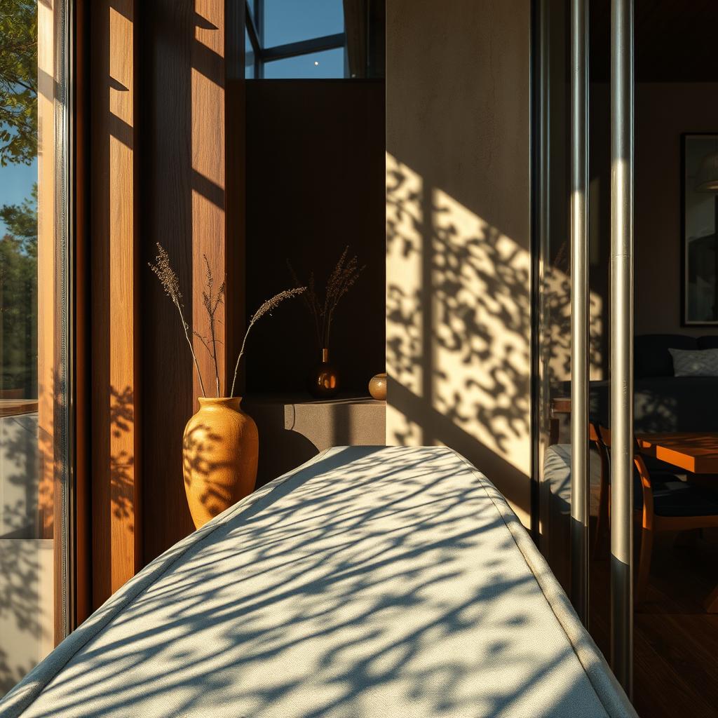 A close-up view of modern interior design showcasing natural and abstract shadows created by various materials