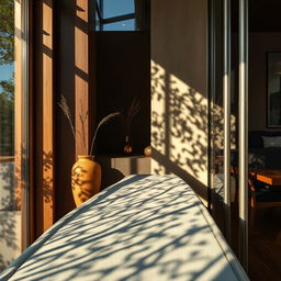 A close-up view of modern interior design showcasing natural and abstract shadows created by various materials