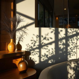 A close-up view of modern interior design showcasing natural and abstract shadows created by various materials