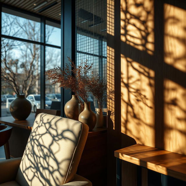 A close-up view of modern interior design showcasing natural and abstract shadows created by various materials