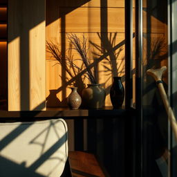 A close-up view of modern interior design showcasing natural and abstract shadows created by various materials