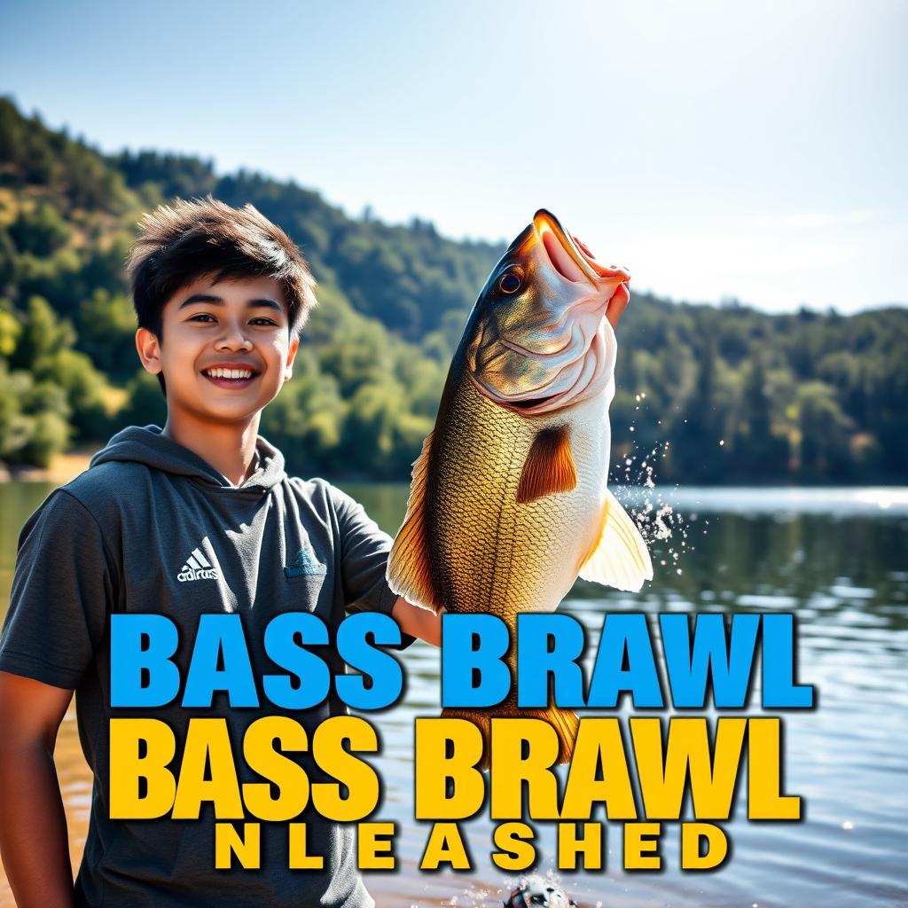 A dynamic photo capturing a young Asian fisherman with a pleasantly surprised expression after catching a big bass