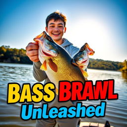 A dynamic photo capturing a young Asian fisherman with a pleasantly surprised expression after catching a big bass