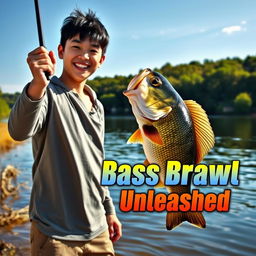 A dynamic photo capturing a young Asian fisherman with a pleasantly surprised expression after catching a big bass