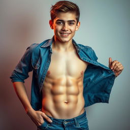 A cool 18-year-old boy with an athletic build, showcasing attractive abs