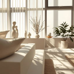 A close-up view of contemporary interior design featuring light tones and natural, abstract shadows