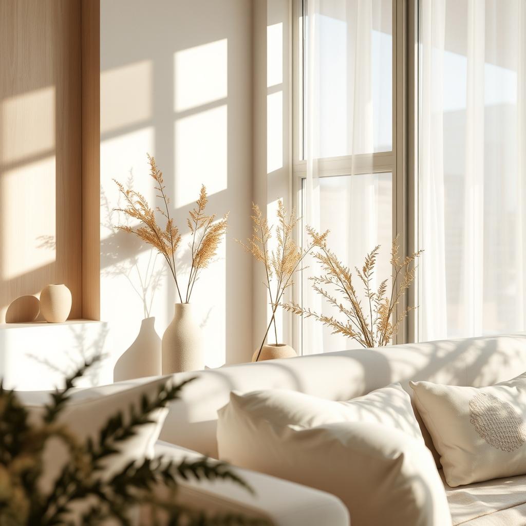 A close-up view of contemporary interior design featuring light tones and natural, abstract shadows