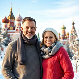 A beautiful family portrait of two attractive white adults, a man and a woman, standing together in a scenic backdrop of Russia