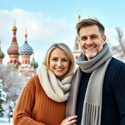 A beautiful family portrait of two attractive white adults, a man and a woman, standing together in a scenic backdrop of Russia