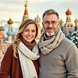 A beautiful family portrait of two attractive white adults, a man and a woman, standing together in a scenic backdrop of Russia